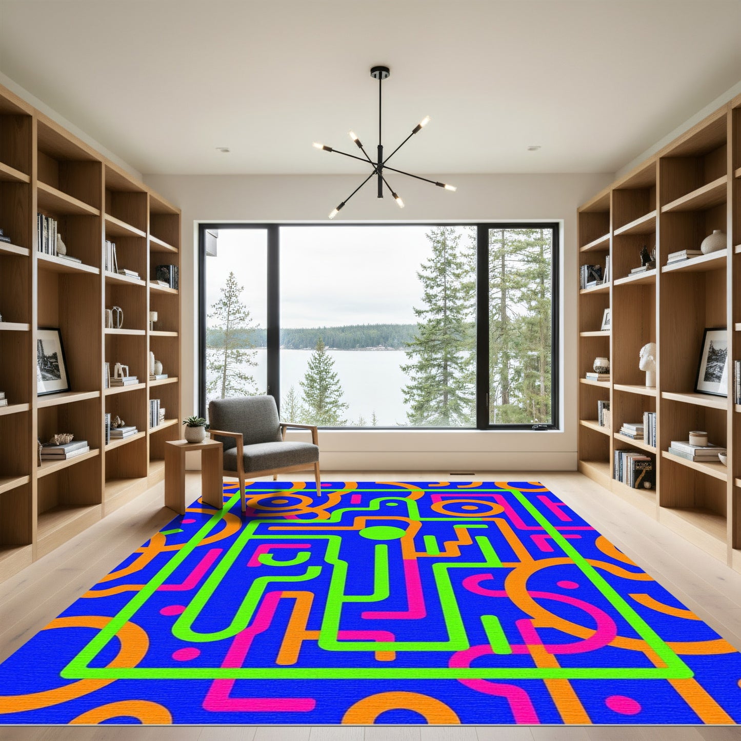Vibrant Orange Pink Abstract Maze Rug