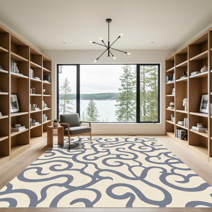 Cream Blue Swirling Lines Rug