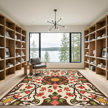Red Brown Floral Vine Medallion Rug