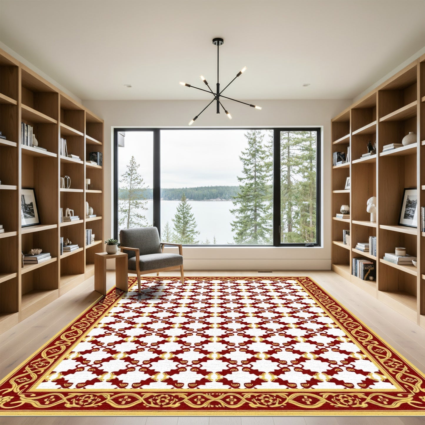 Crimson Gold Geometric Lattice Border Rug