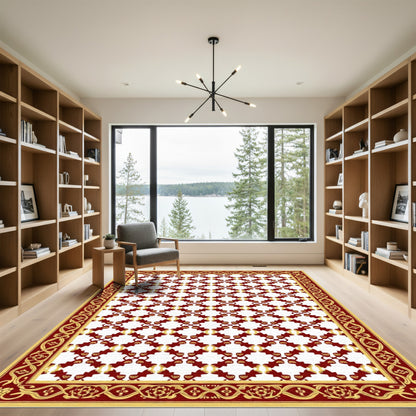 Crimson Gold Geometric Lattice Border Rug