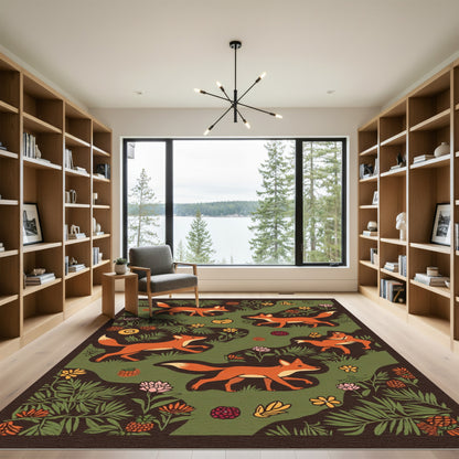 Woodland Foxes Green Fern Floral Scene Rug
