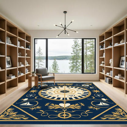 Nautical Navy Gold Compass Roses Rug