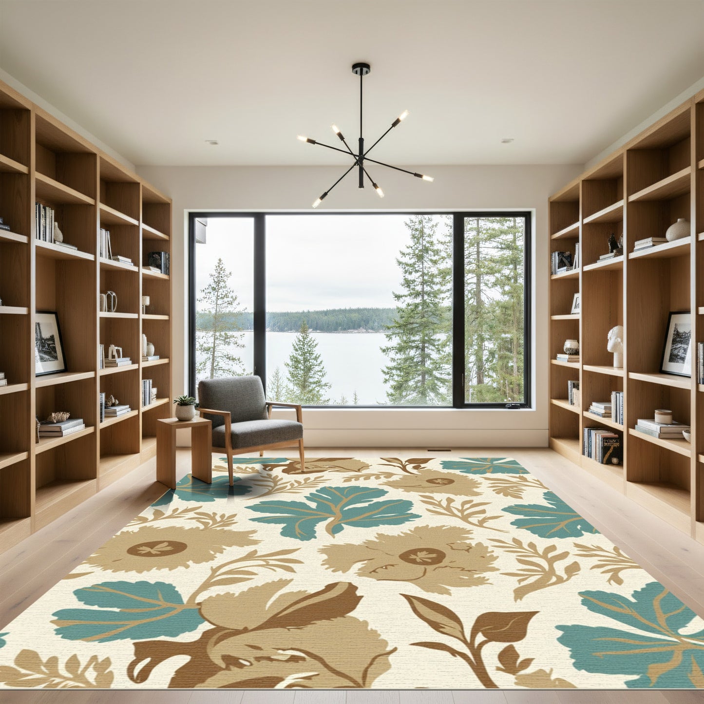 Teal Brown Floral Botanical Cream Rug