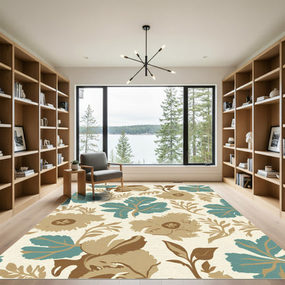 Teal Brown Floral Botanical Cream Rug