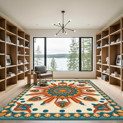 Vibrant Orange Teal Sunburst Medallion Rug