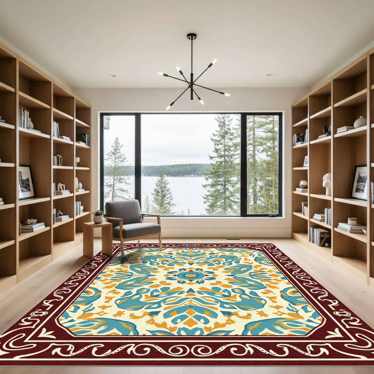 Ethereal Teal Ochre Blossom Symmetry Rug