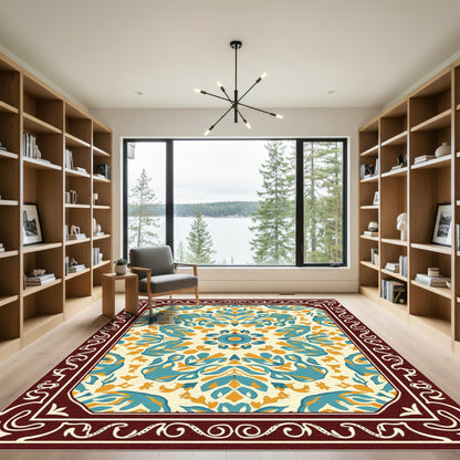Ethereal Teal Ochre Blossom Symmetry Rug