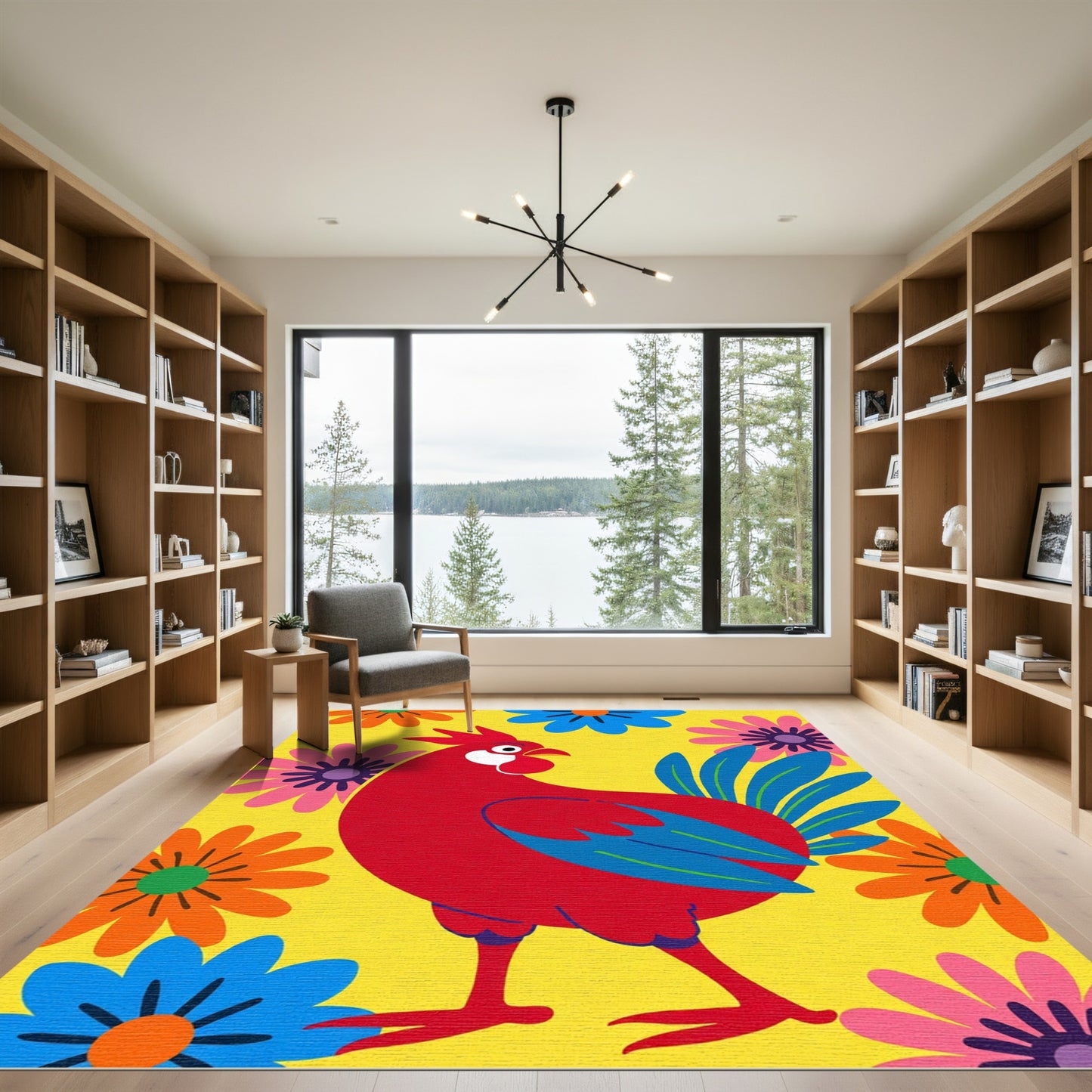 Bright Red Rooster Floral Garden Rug