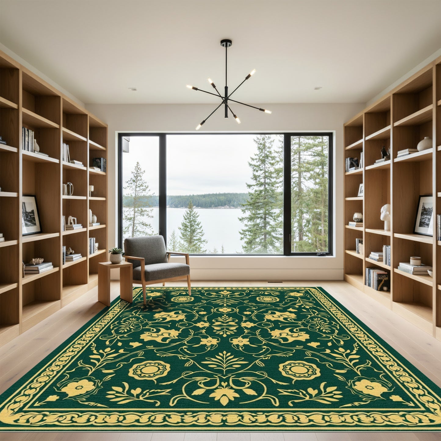Emerald Green Golden Floral Garden Rug