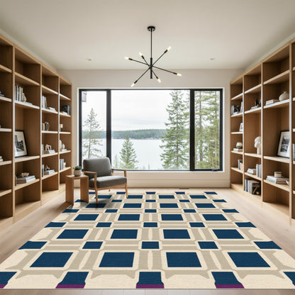 Navy Beige Geometric Interlocking Squares Rug