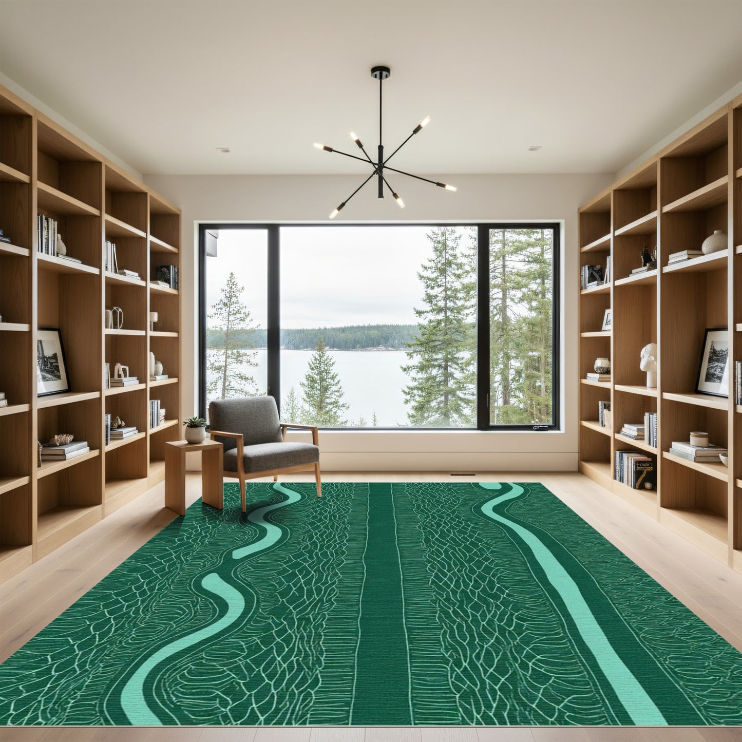 Deep Forest Winding River Lines Rug