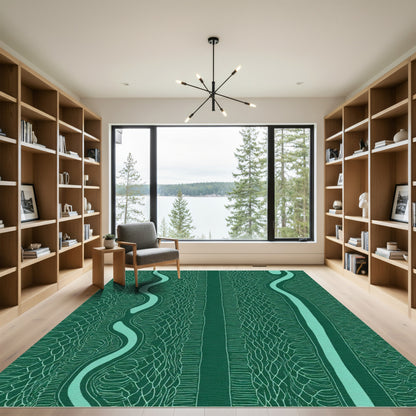 Deep Forest Winding River Lines Rug