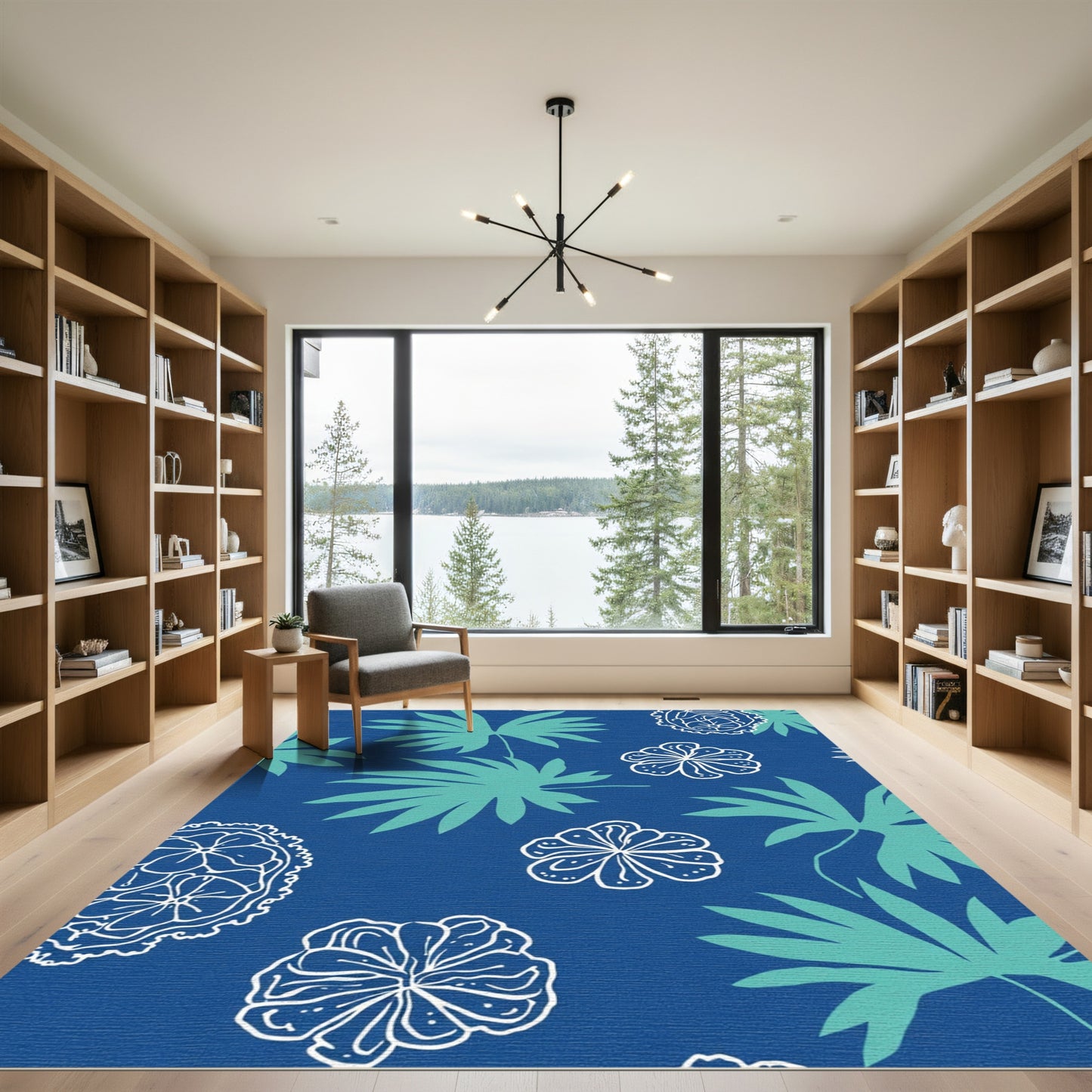Deep Blue Tropical Leaf Blossom Harmony Rug