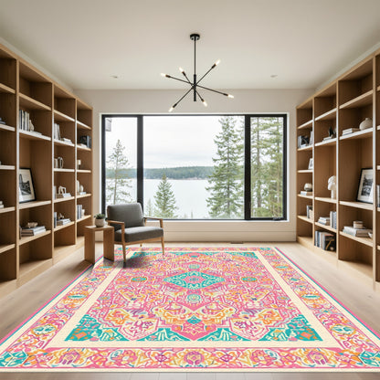 Vibrant Pink Teal Mandala Medallion Rug