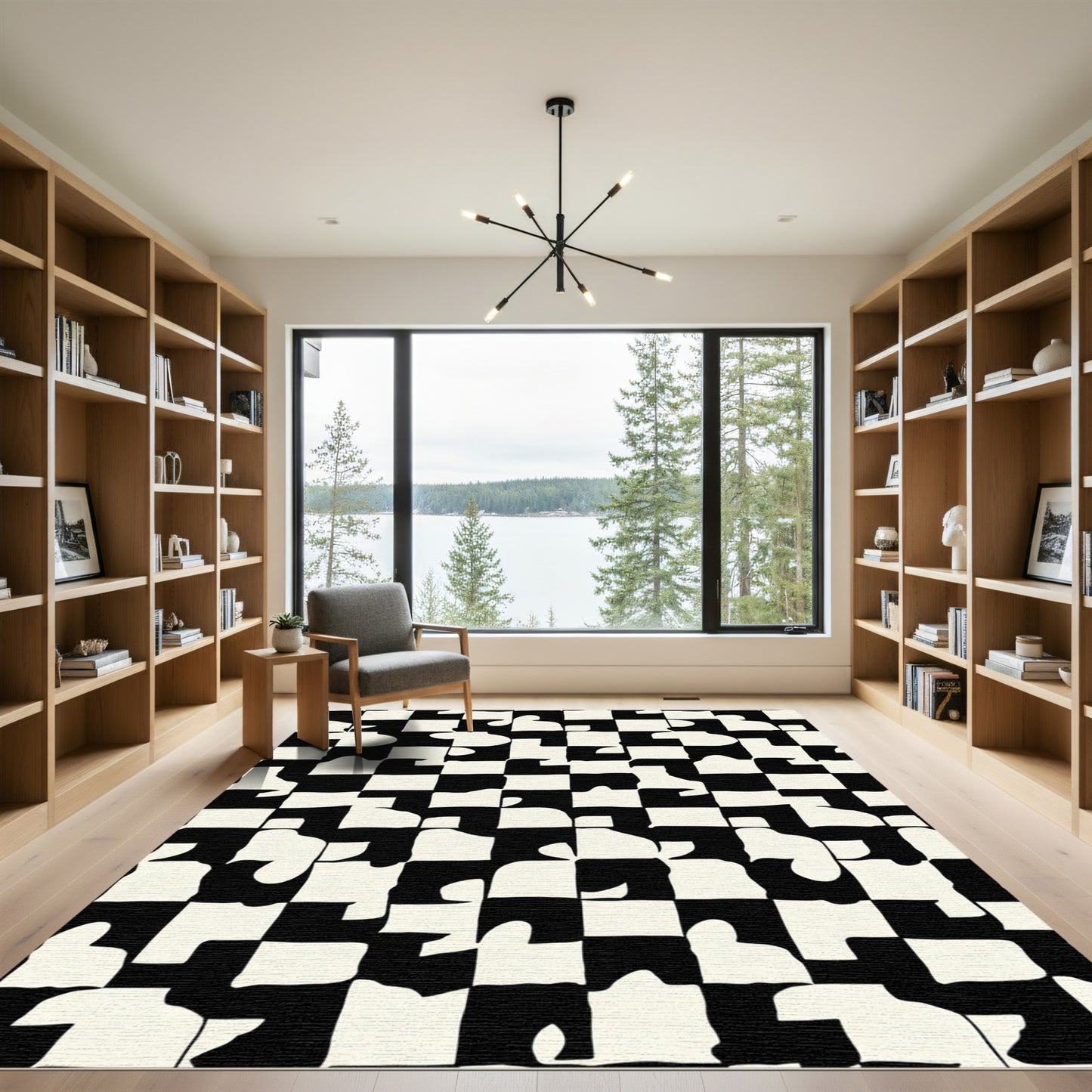 Abstract Black Cream Jigsaw Grid Rug