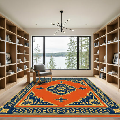 Ornate Orange and Navy Medallion Rug