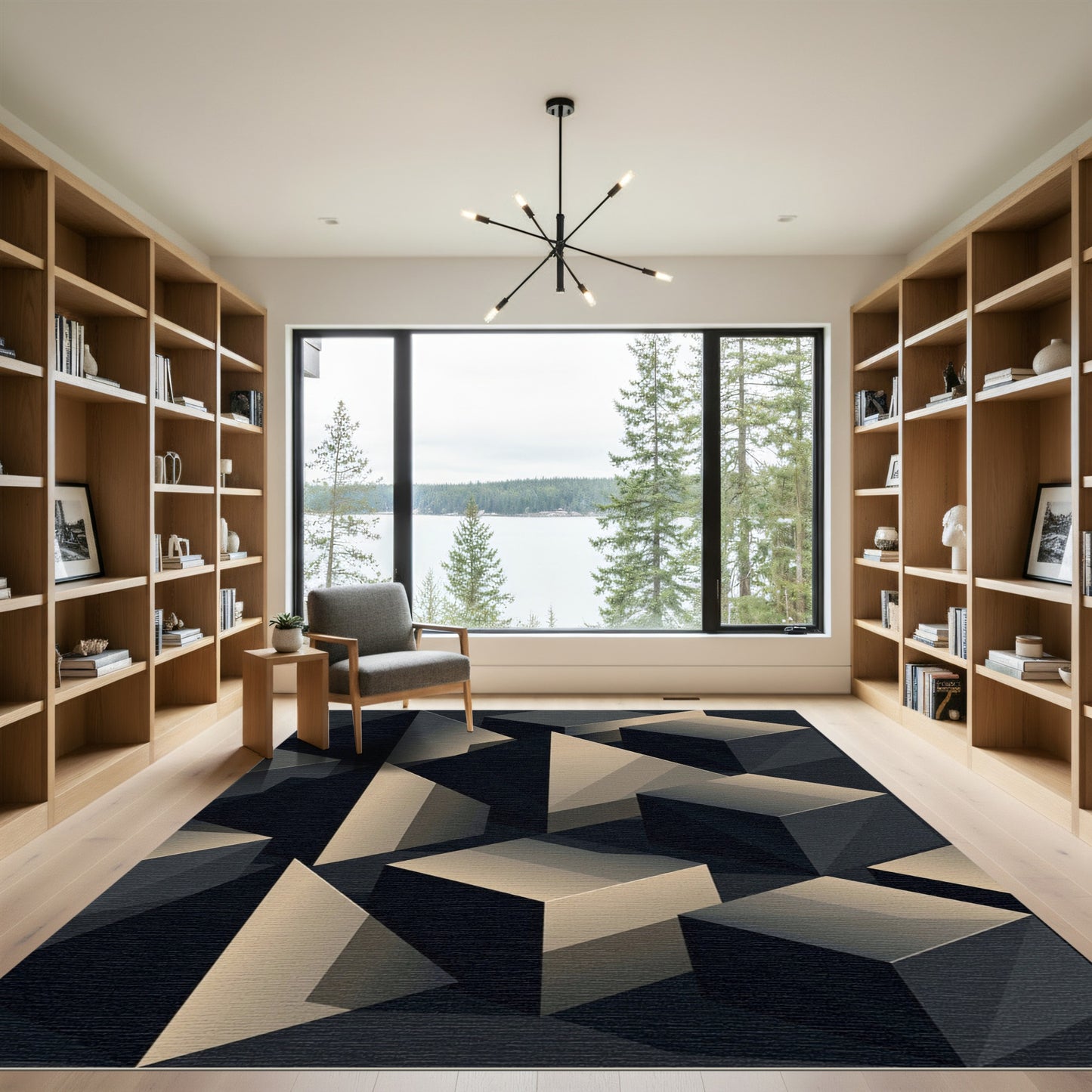 Dark Beige Geometric Cube Composition Rug