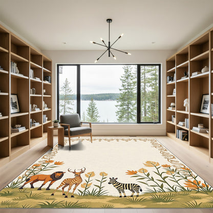 Safari Animals With Floral Border Rug