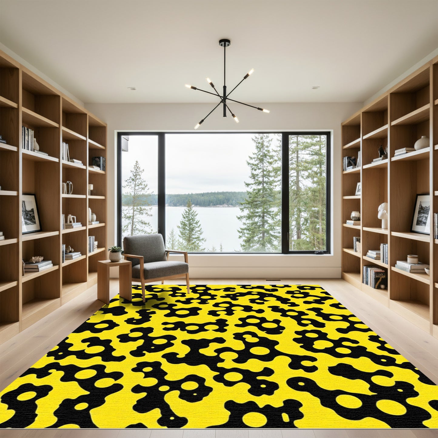 Bold Yellow Black Organic Fluid Shape Rug