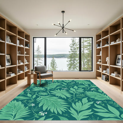 Emerald Green Tropical Botanical Arrangement Rug