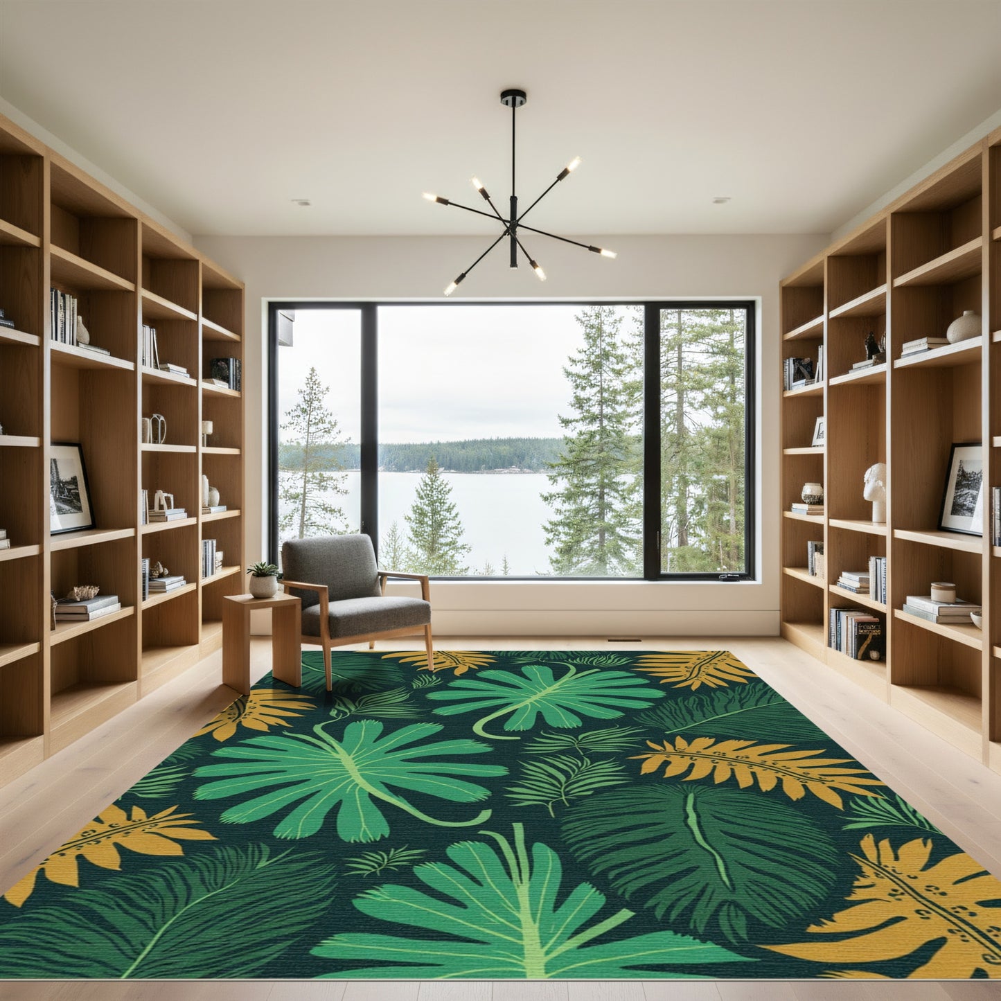 Tropical Leafy Pattern Green Gold Rug