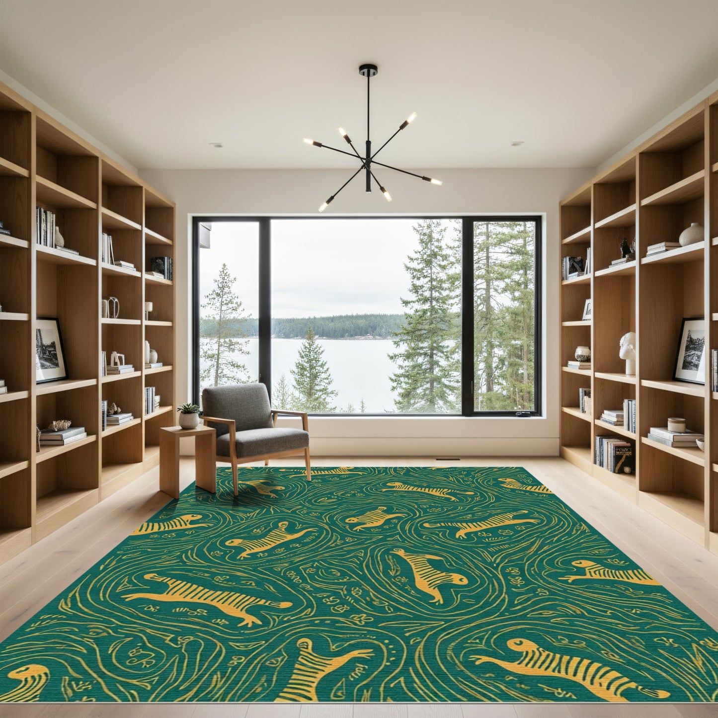 Jungle Tiger Emerald Whimsical Floral Rug