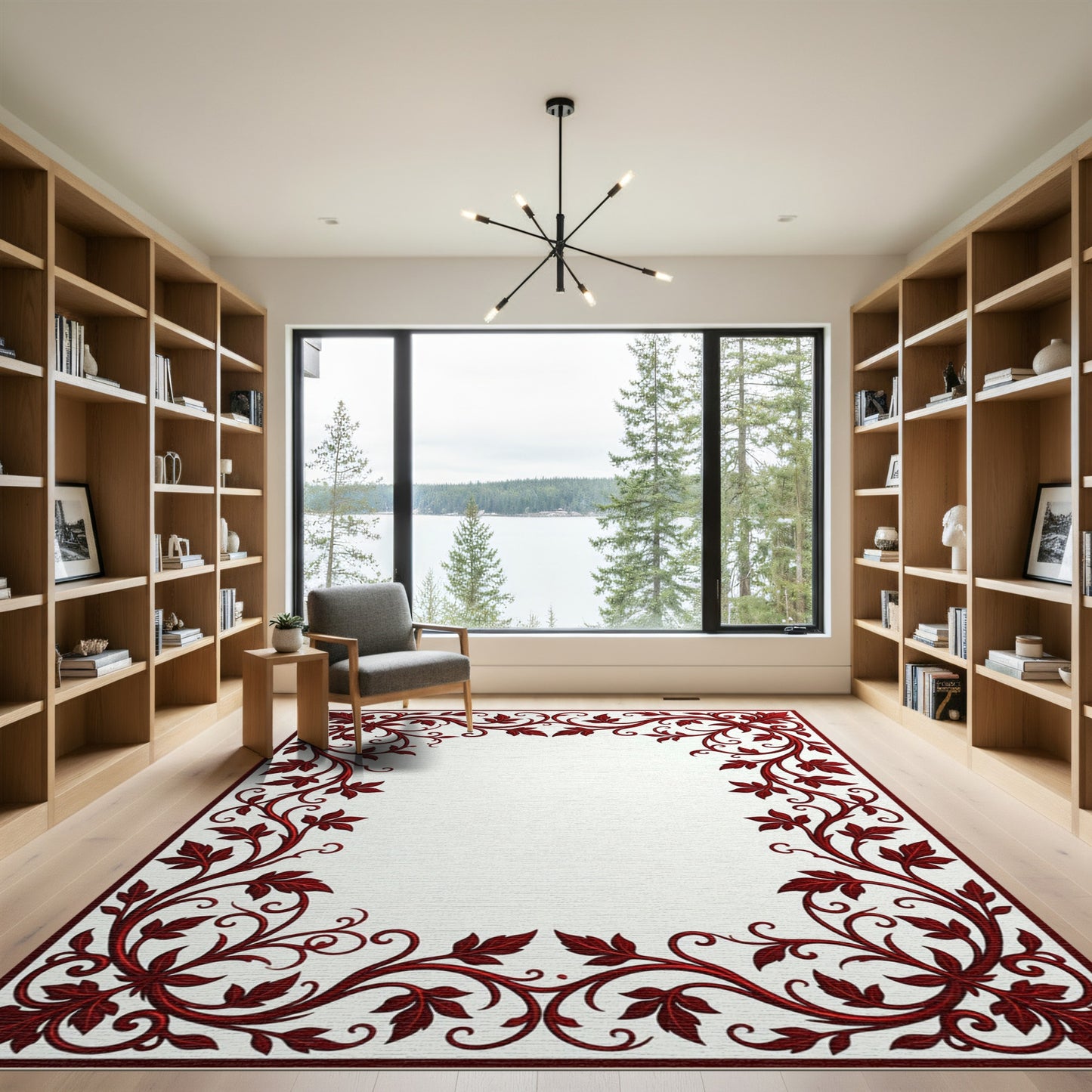 Rich Crimson Leafy Vine Border Rug