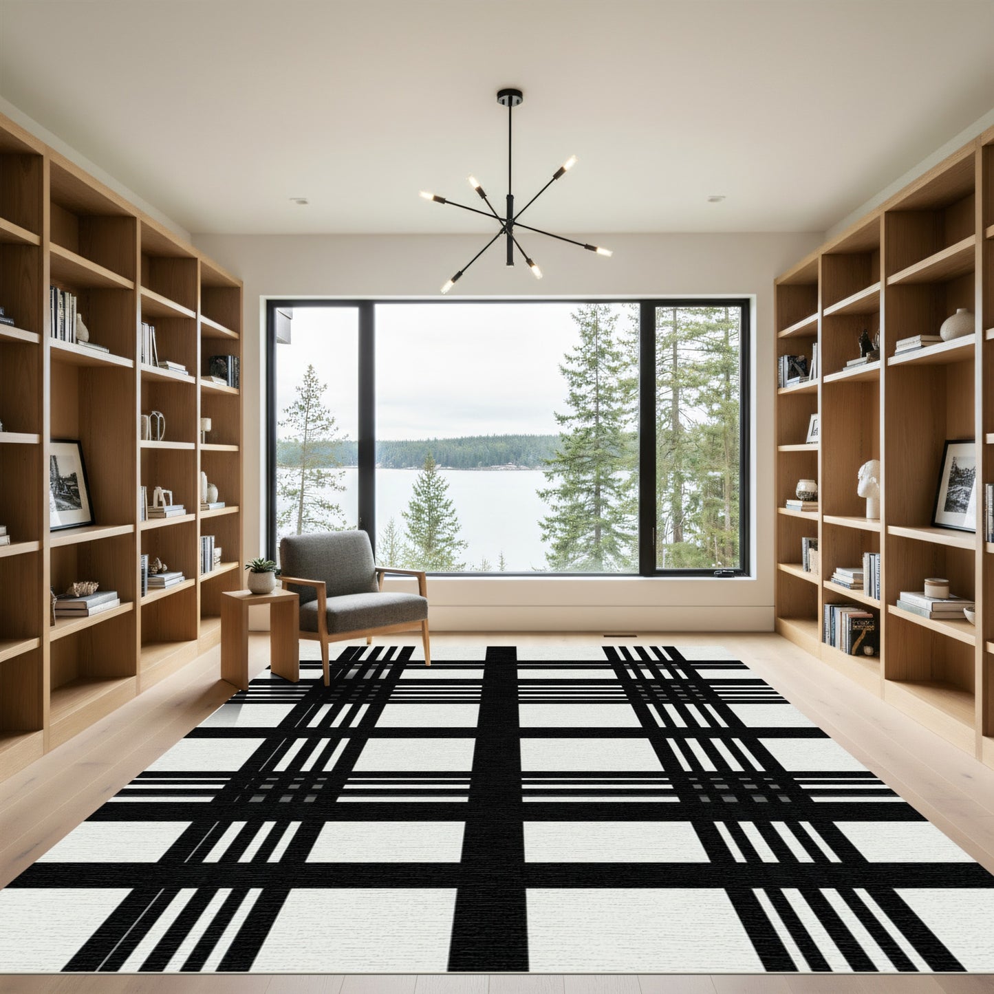 Bold Black White Plaid Lines Rug