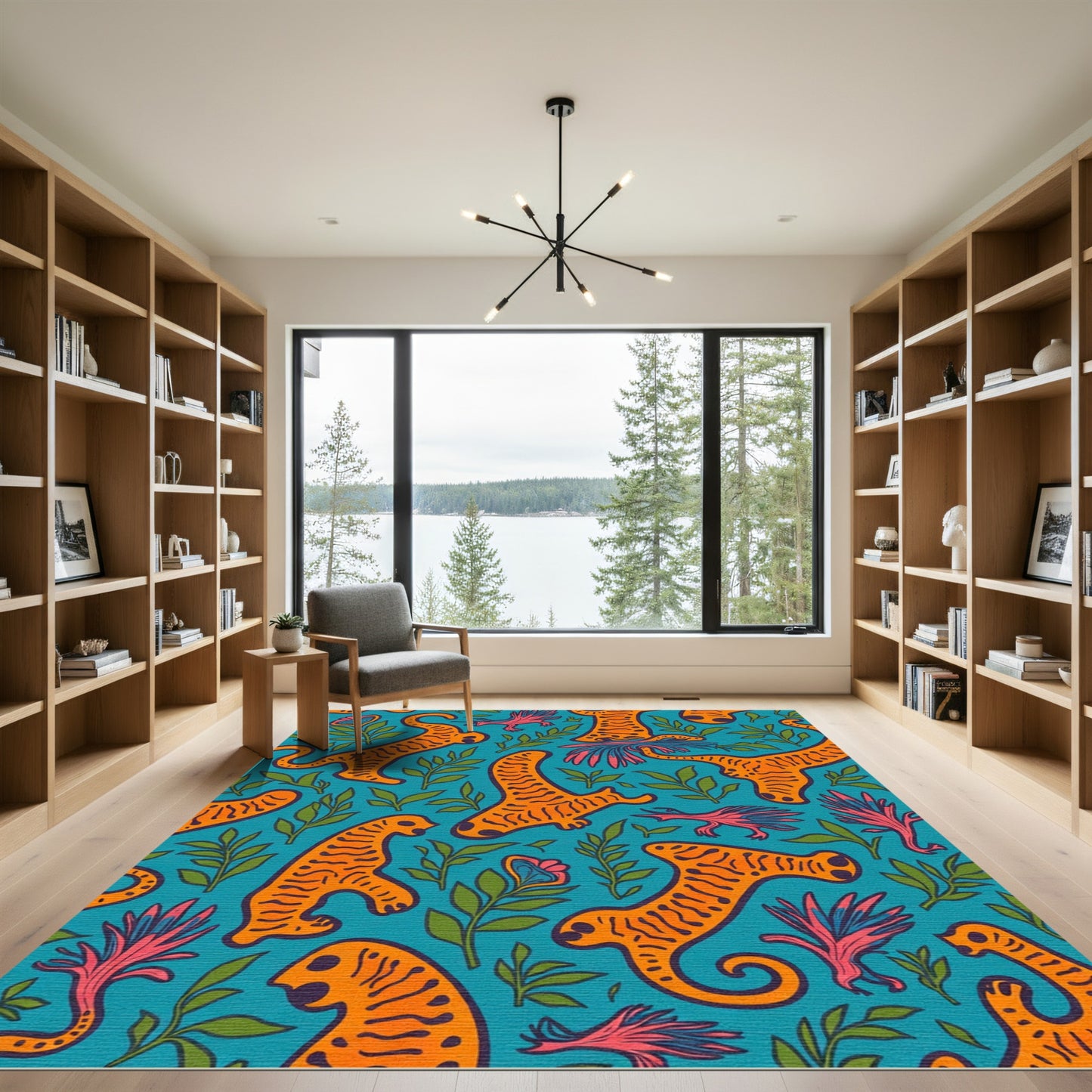 Vibrant Teal Orange Zoological Garden Rug
