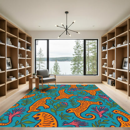 Vibrant Teal Orange Zoological Garden Rug