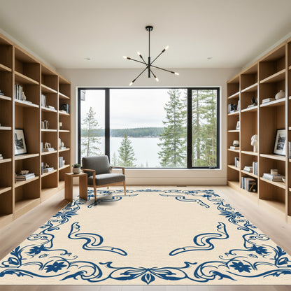 Deep Blue Floral Vine Border Rug