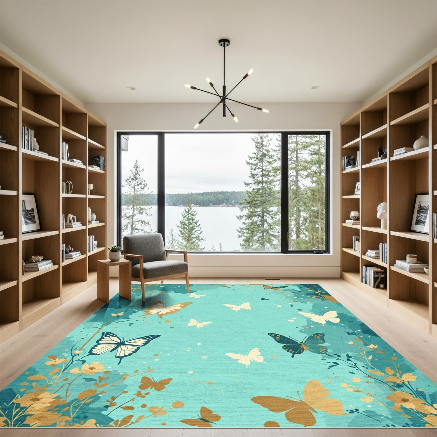 Aqua Butterflies With Gold Botanical Accents Rug