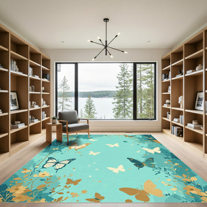 Aqua Butterflies With Gold Botanical Accents Rug