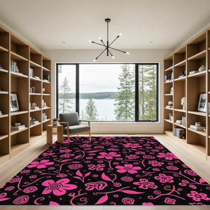Hot Pink Floral Vines Black Background Rug