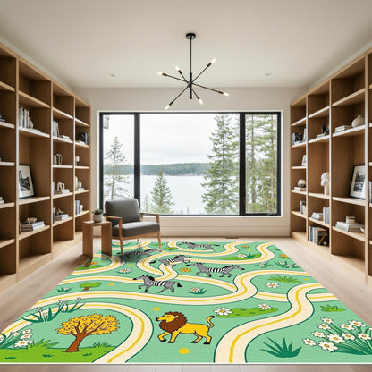 Whimsical Zebra Lion Green Landscape Rug
