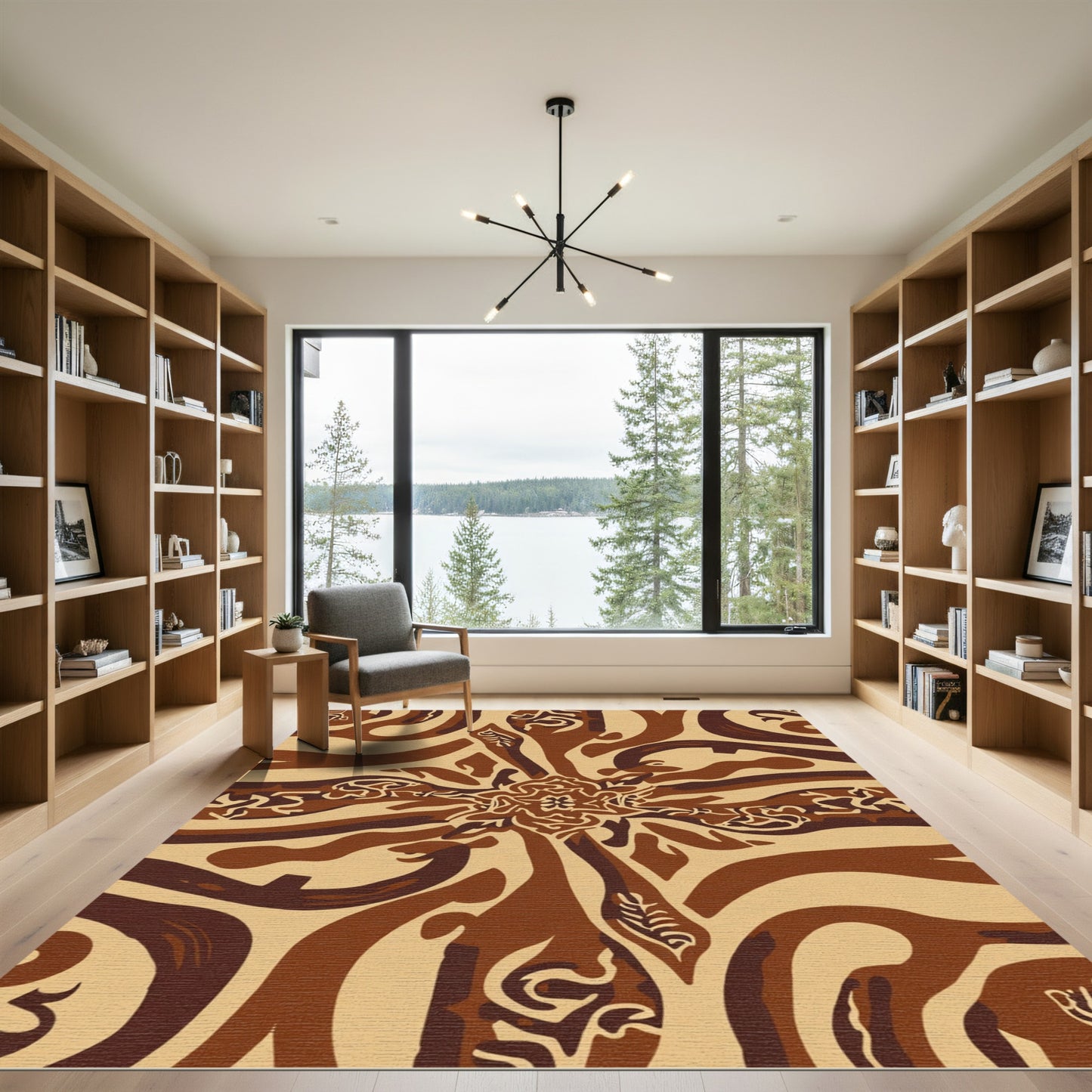Brown Beige Abstract Botanical Swirl Rug