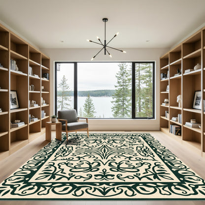 Ornate Dark Green Scrollwork Frame Rug