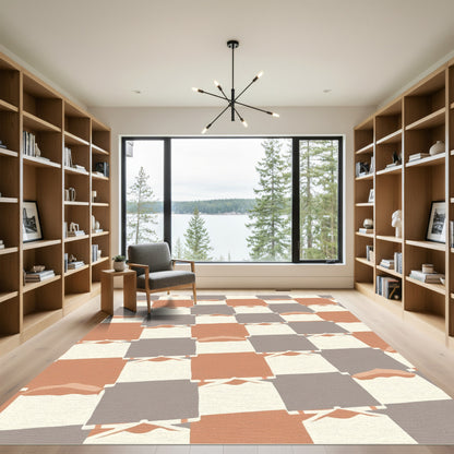 Terracotta Gray Beige Checkerboard Texture Rug