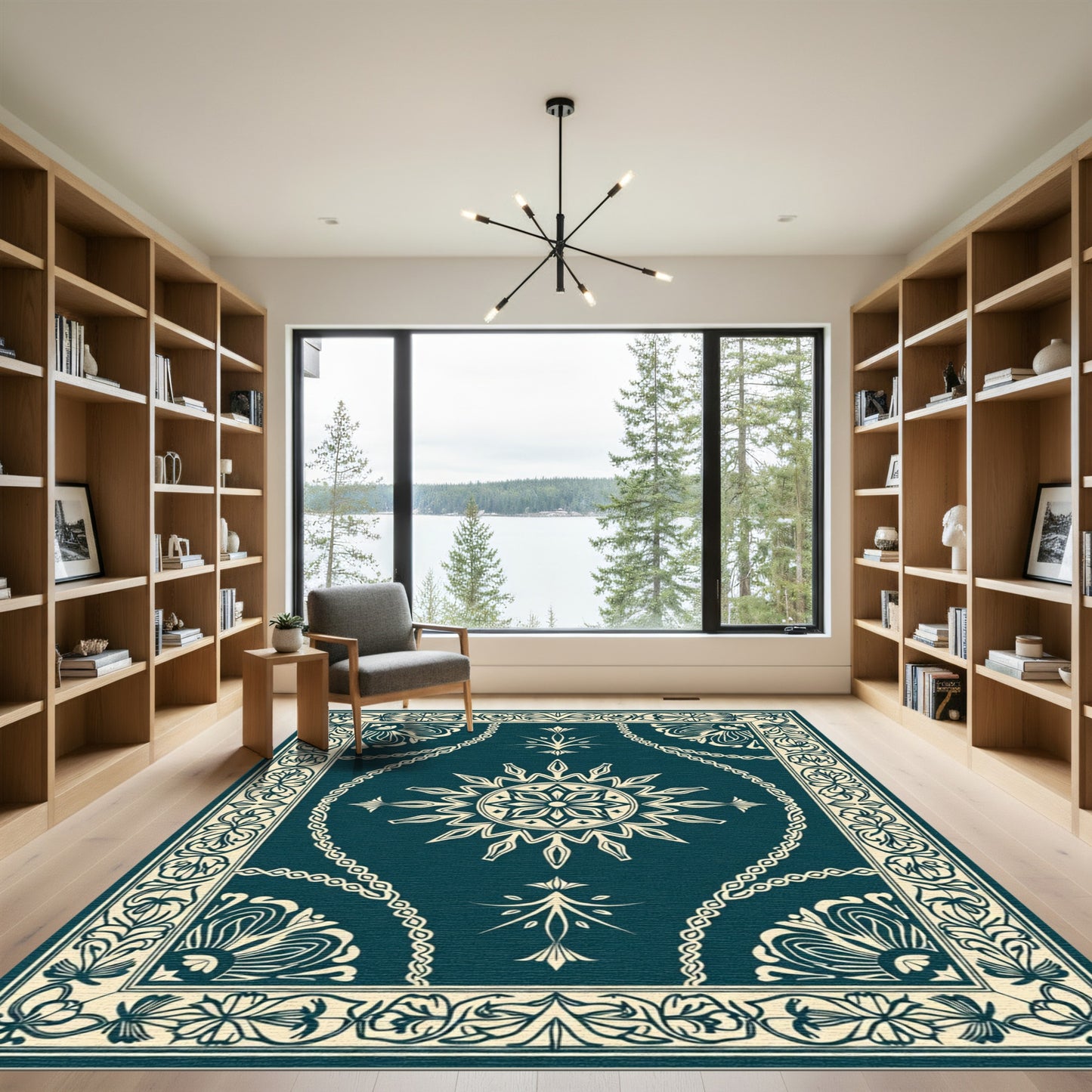 Aged Teal Floral Mandala Border Rug