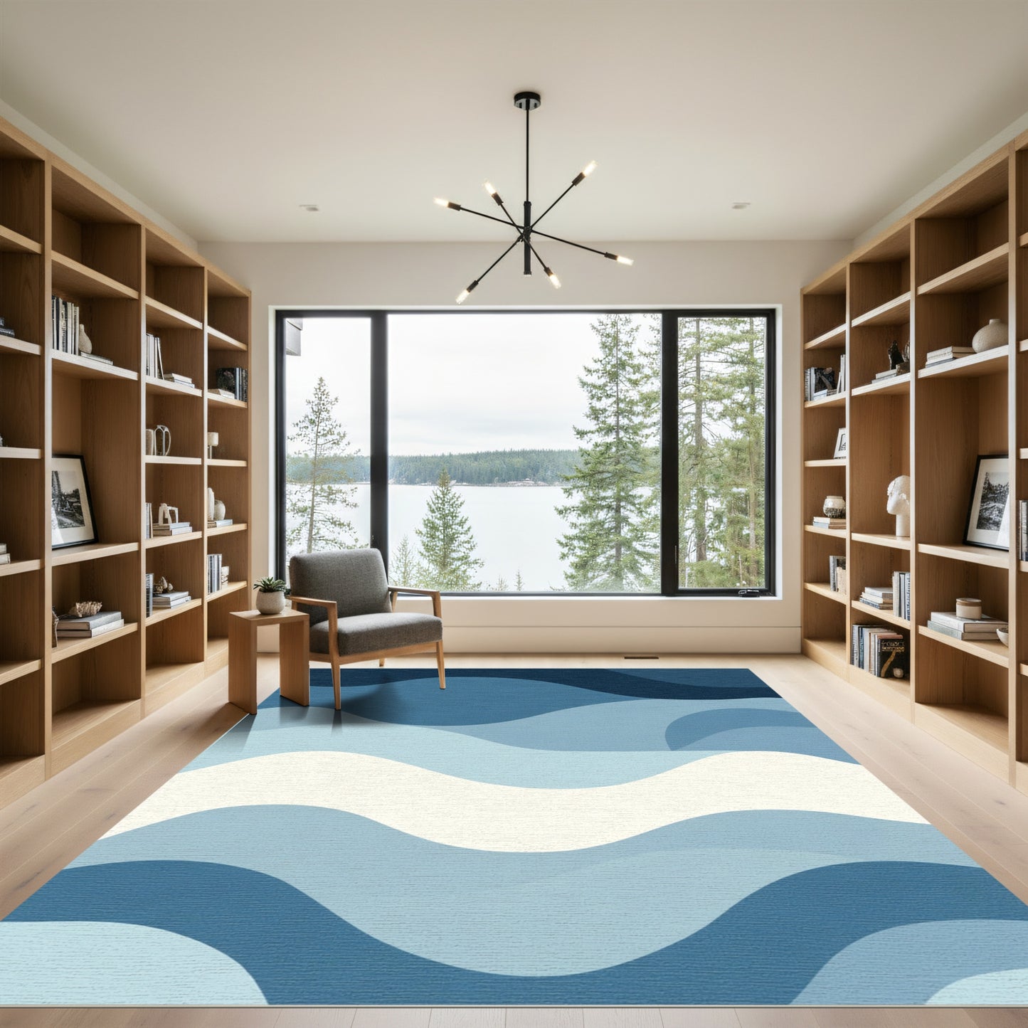Deep Blue Layered Wave Abstract Rug