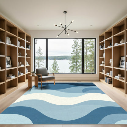 Deep Blue Layered Wave Abstract Rug