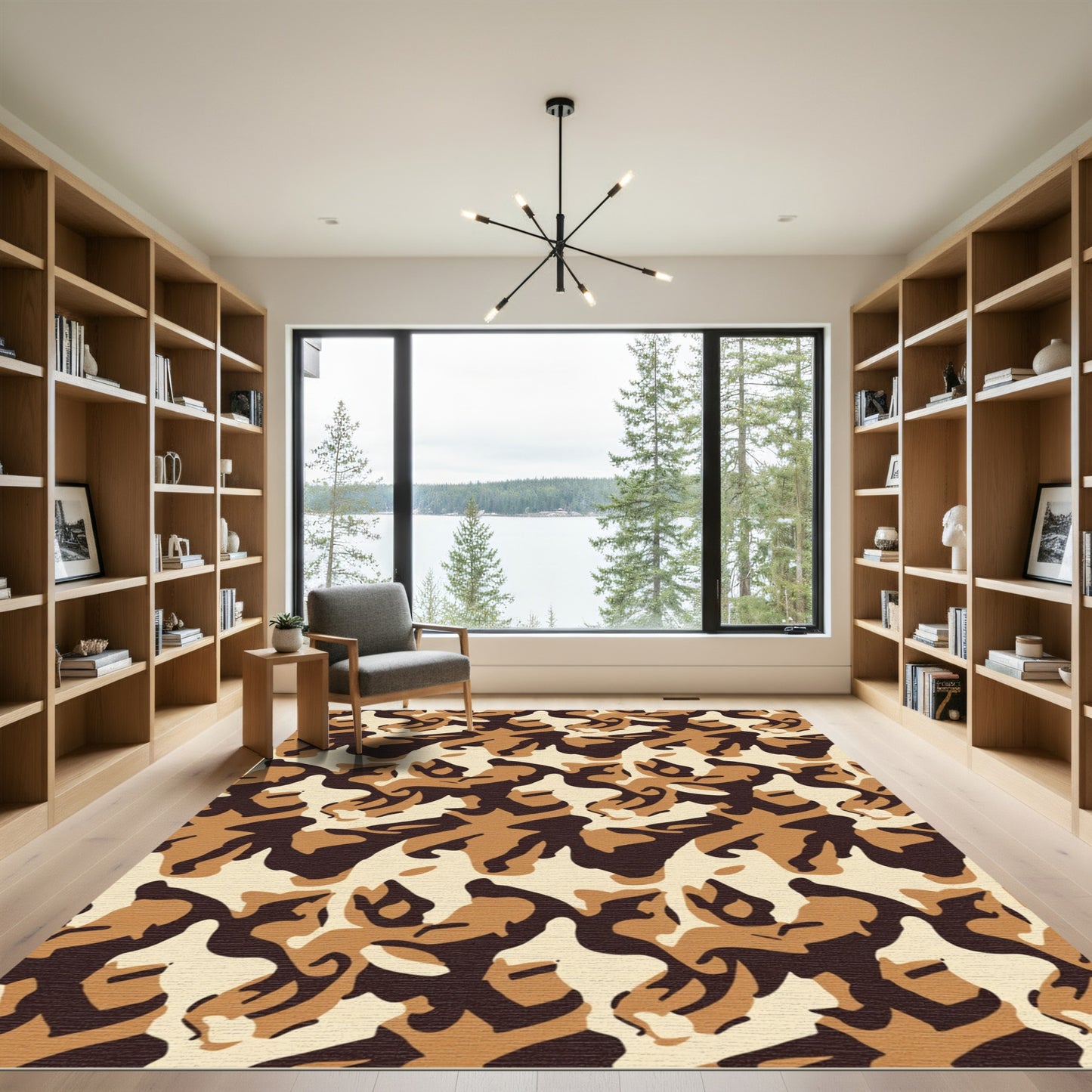 Brown Black and Cream Camouflage Abstract Rug