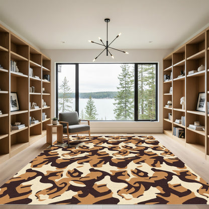 Brown Black and Cream Camouflage Abstract Rug