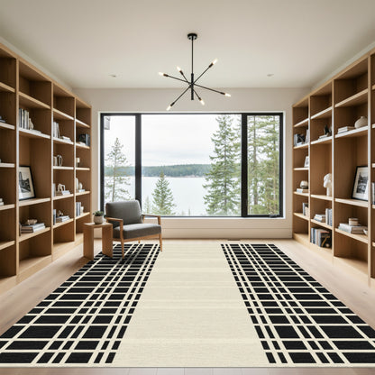 Bold Black White Grid Stripe Rug