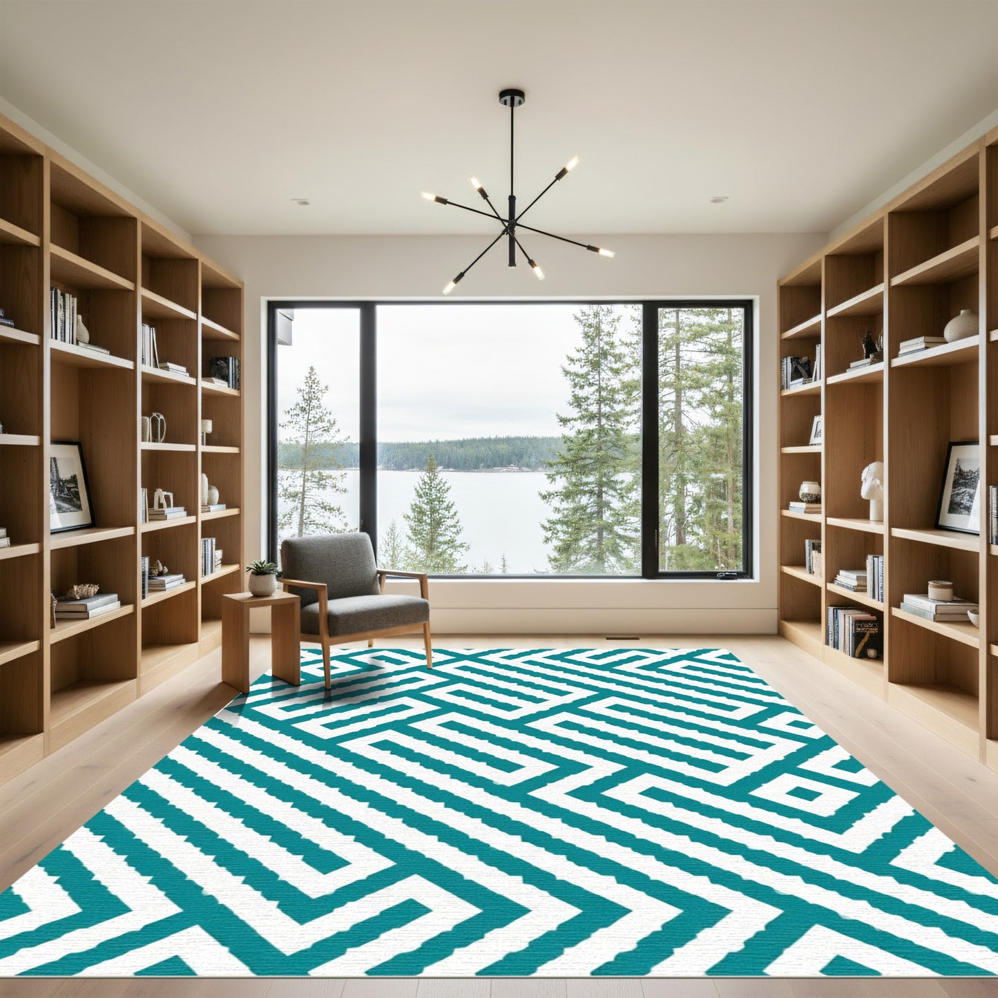 Teal White Geometric Maze Rug
