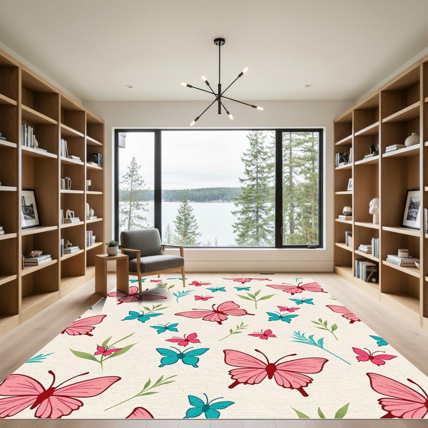 Whimsical Pink Teal Butterfly Garden Rug