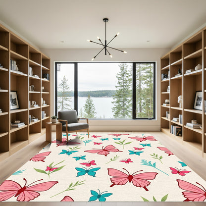 Whimsical Pink Teal Butterfly Garden Rug