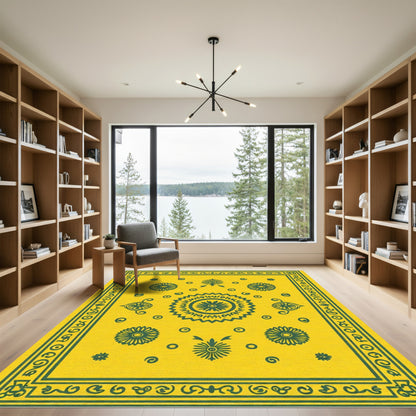 Yellow Teal Floral Medallion Centered Rug