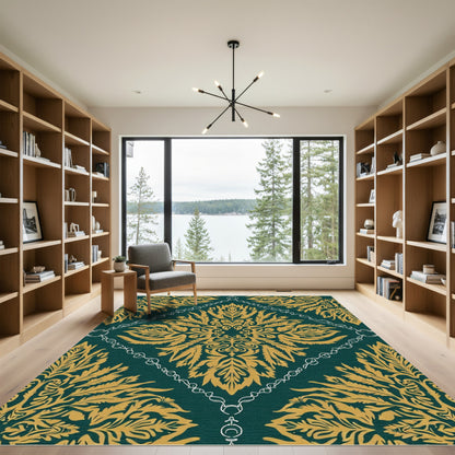 Emerald Gold Damask Medallion Rug
